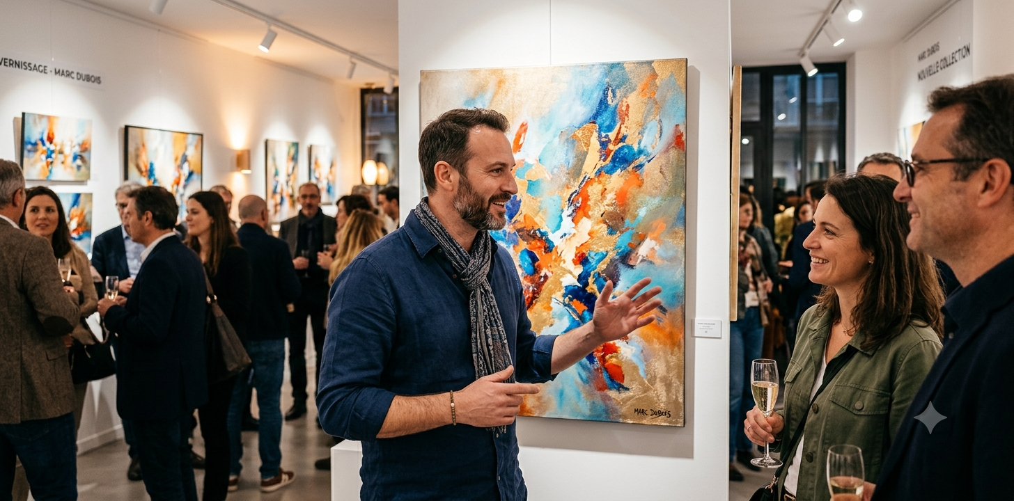 Illustration d’une exposition d’art contemporain et d’un vernissage