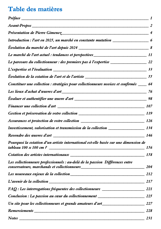 Table des matières du Guide du Collectionneur d'Art 2025-2026